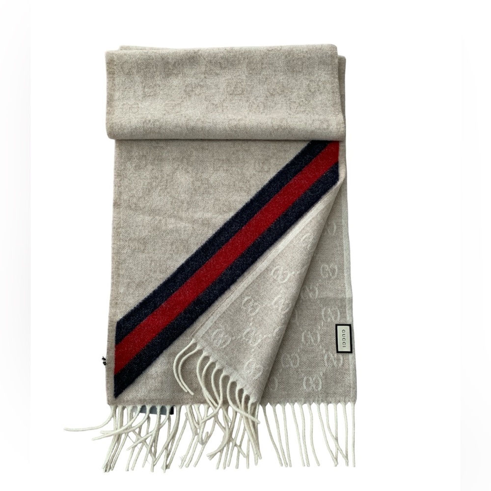 💝💝💝GUCCI AUTHENTIC NEW Wool  Monogram Web Scarf, beige/blue/red💝💝💝